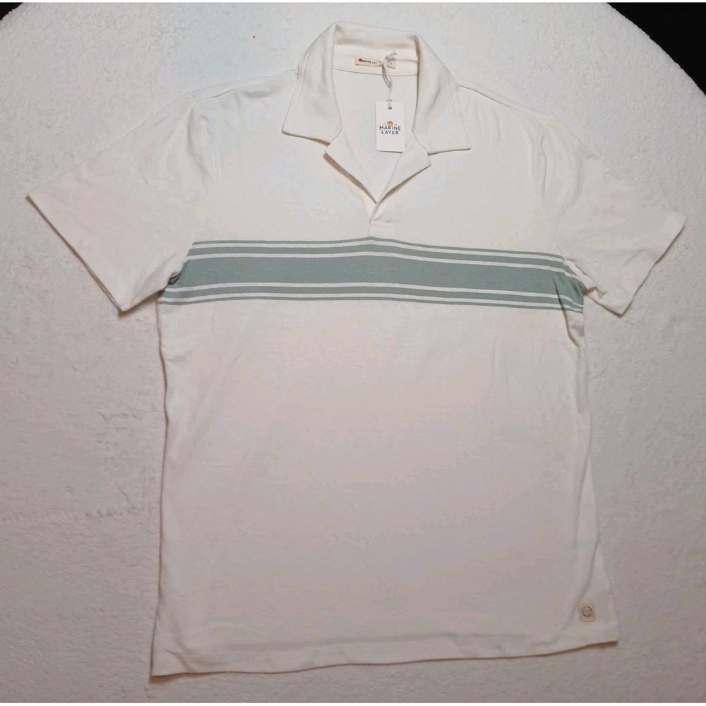 Marine Layer White/Grey Mid Stripe Hemp Cotton Polo Short Sleeve Mens Medium $84